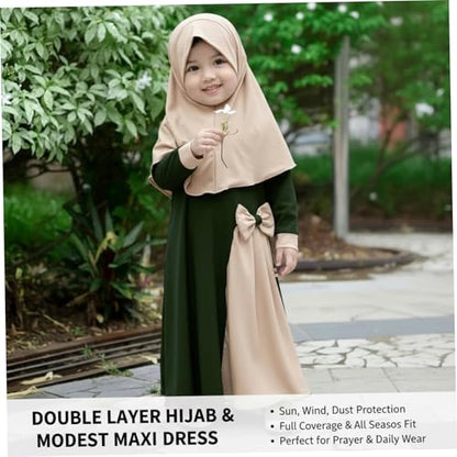 Hijab for Kids, Prayer Dress Girls Abayas Set with Hijab Long Sleeve Kids Islamic Maxi Dress for Eid & Ramadan, L, Muslim