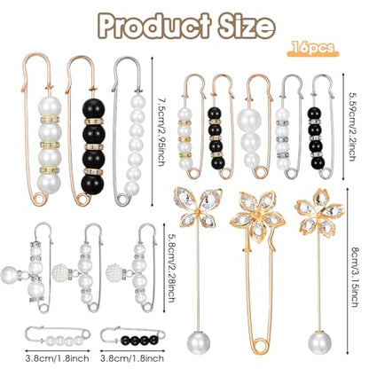 16 Pcs Pearl Brooch Pins Set, Decorative Safety Pin Pant Waist Tightener Pins for Clothes Sweater Shawl Hat Clips White Collar Clips for Cardigan Dress Sweater - style: Rhinestone Style