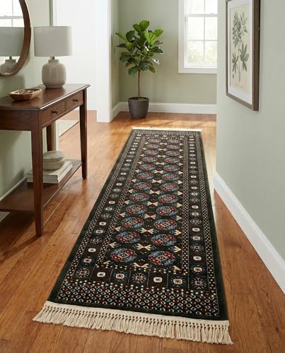 Rugs.com Bokhara Collection Rug – 6 Ft Runner Dark Green Medium-Pile Rug Perfect for Hallways, Entryways - color: Dark Green, size: 2' x 6' Runner