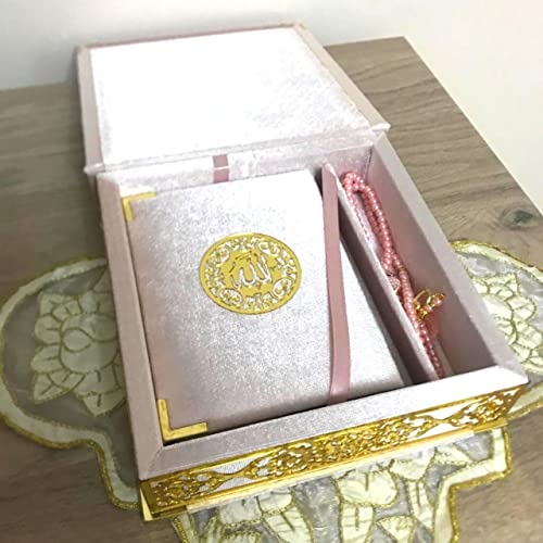 Velvet Covered Quran and Pearl Tasbih in Wooden Decorative Box | Gift Islamic Set Birthday, Wedding Muslim Eid Ramadan (Pink) - color: Pink