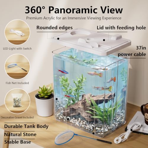 2 Gallon Betta Fish Tank Aquarium Starter Kit with Light and Lid(White) | Premium Acrylic Aquarium with Light and Lid, Crystal Clear Starter Kit for Betta Fish, Shrimp, Snails and Small Fish - color: White, size: 2 Gallon