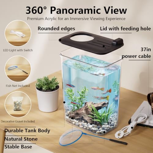 1 Gallon Betta Fish Tank Aquarium Starter Kit with Light and Lid(Black) | Premium Acrylic Aquarium with Light and Lid, Crystal Clear Starter Kit for Betta Fish, Shrimp, Snails and Small Fish - color: Black, size: 1 Gallon