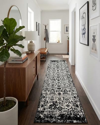 Rugs.com - Oregon Rug – 12 Ft Runner Black and White Easy-Clean Rug – Vintage Floral Design for Hallways, Entryways, and Long Corridors - color: Black and White, size: 2'2" x 12' (Runner)