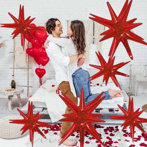6 Pcs Red Star Foil Balloons One-Piece 14-Pointed Star Balloon 4D Starburst Cone Mylar Balloons 22inch Christmas Birthday Wedding Wedding Anniversary Party Supplies (22&27 Inches Red) - color: 22&27 Inches Red