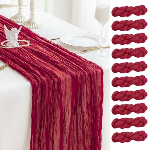 Sioloc Burgundy Red Cheesecloth Table Runner Fall Autumn Decor for Home 10ft Table Cloth for Wedding Birthday Party Bridal Shower Christmas Halloween Thanksgiving - color: Burgundy, size: 10pc
