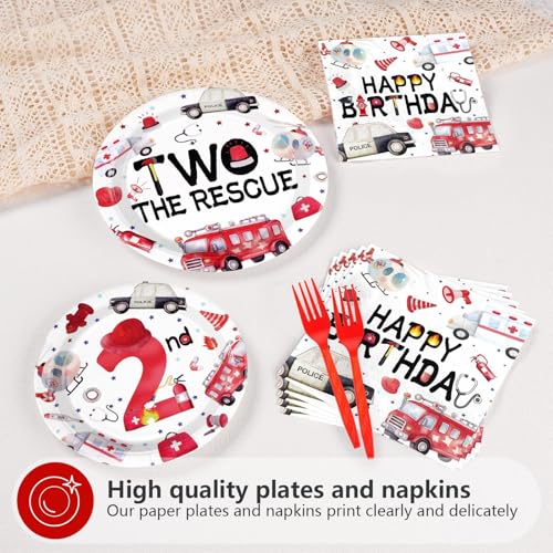 Grencian 96Pcs Two the Rescue Birthday Decorations Emergency Vehicle Theme Plates and Napkins Fire Truck Tableware Ambulance Dinnerware for Kid Emergency Vehicle 2 Years Old Birthday Party Decorations - style: Rescue Vehicles 2nd Birthday Set