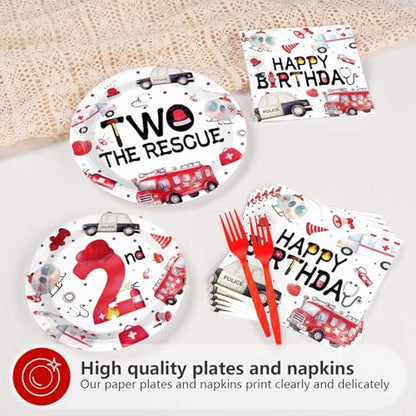 Grencian 96Pcs Two the Rescue Birthday Decorations Emergency Vehicle Theme Plates and Napkins Fire Truck Tableware Ambulance Dinnerware for Kid Emergency Vehicle 2 Years Old Birthday Party Decorations - style: Rescue Vehicles 2nd Birthday Set