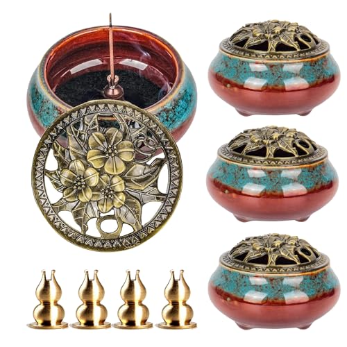 Maxcheck 4 Pcs Ceramic Incense Burner with Copper Lid Metal Incense Holder Lotus Cone Burner for Sandalwood Palo Santo Sage Cones Meditation Yoga Spa Gifts Room Decor(Blue) - color: Blue