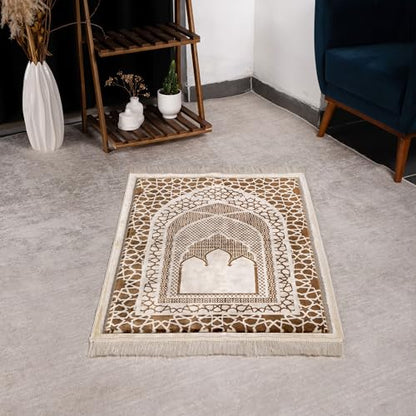 Modefa Turkish Islamic Prayer Mat - Velvet Janamaz - Intricate Praying Rug Ramadan Eid Gift - Traditional Muslim Seccade for Men Women - Saray (Mocha) - color: Mocha