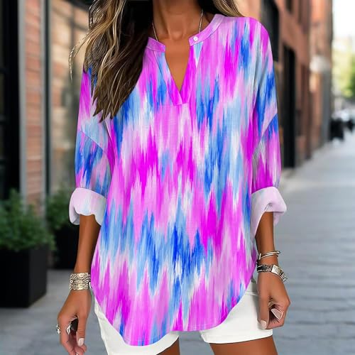 Tie Dye Style Shirt for Women V Neck Long Sleeve Blouse Cute Printed Casual Loose Fit Summer Beach Tunic Tops - color: Style14, size: Medium