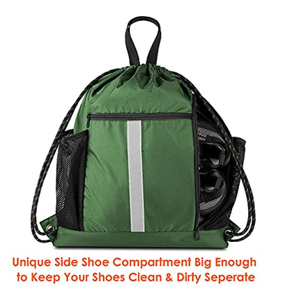 BeeGreen Green Drawstring Bag Gym Cinch Backpack w Shoe Compartment and Two Side Pockets Machine Washable Sports Sinch Sack String Sackpack for Swim Equipment Beach Travel - color: Green, style: Drawstring With Shoe Compartment