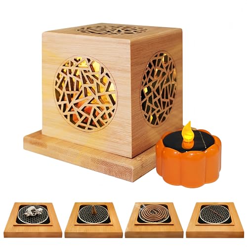 Bamboo Carved Solar Lantern Incense Burner, 2-in-1 LED Pumpkin Light, Aromatherapy Holder for Sticks, Cones & Sage, Eco Night Light for Yoga, Meditation, Indoor Outdoor Decor