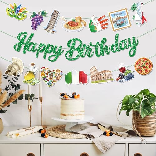 3Pcs Italy Happy Birthday Banner Pizza Pasta Wine Helmet Party Hanging Banner Italian Theme Birthday Bridal Wedding Baby Shower Boys Girls Kids Home Classroom Party Supplies Decoration - color: Italy