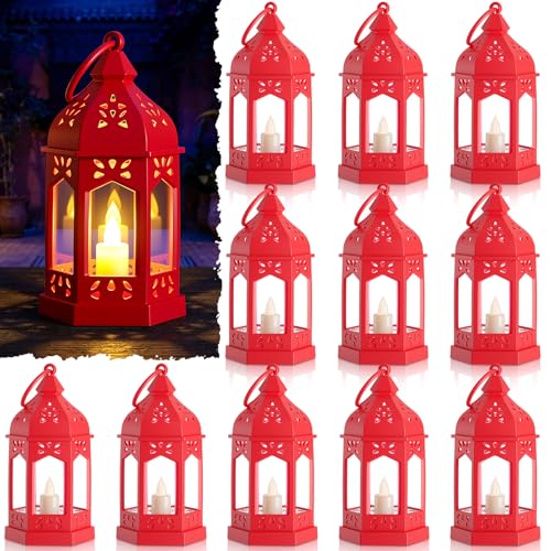 Cunhill 12 Pieces Mini Lanterns with Flickering LED Candle Vintage Decorative Hanging Candle Lanterns for Ramadan Wedding Decorations Party Table Centerpiece, Battery Included(Red) - color: Red