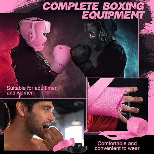 Kanayu 14 Pcs Boxing Gloves and Headgear Set for Beginners Youth 16 Ounce Boxing Gloves Headgear Helmet Hand Wraps Mouth Guards Equipment for Beginners Training Equipment Gifts - color: Black, Pink