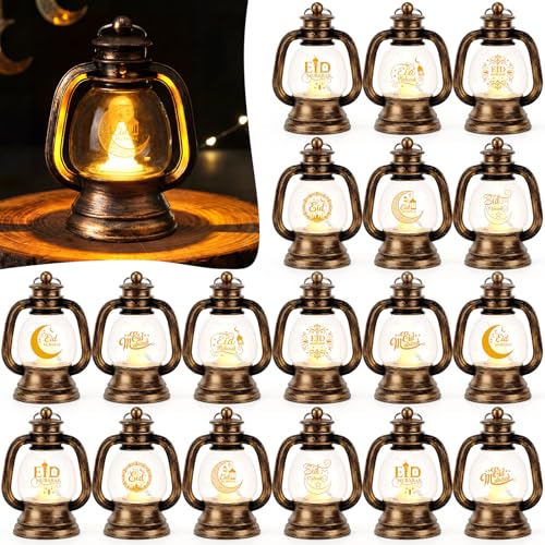 VIHOSE 18 Pcs Ramadan Eid Lantern Bulk Mini Bronze Gold Lanterns Decorative with LED Candles Small Eid Mubarak Decor Vintage Hanging Lantern Lights for Home 2026 Table Centerpiece Party Gift, 3.5''