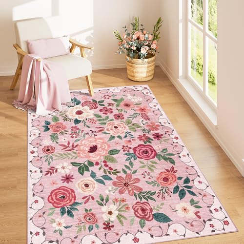 DUKINO 4x6 Area Rug, Floral Washable Rug Non Slip Office Chair Mat, Pink - color: Pink, size: 4' x 6' (Rectangular)