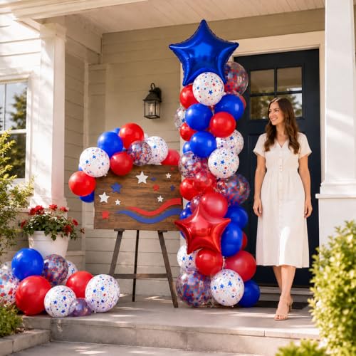 Red and Blue Balloons with 2Pcs Red Blue White Star Foil Balloons for Party - color: Blue and Red, size: 30PC