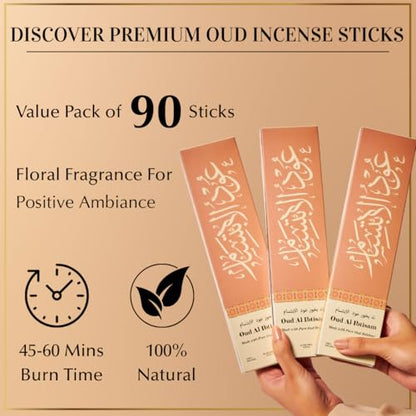 Oud Al Ibtisam Incense Sticks by Dukhni – Floral Oudh Scent | Agarwood Arabian Charcoal Free Incense I 90 Long-Lasting Oud Sticks | Organic & Non Toxic I Relaxing Aroma for Home, Aromatherapy, Prayer