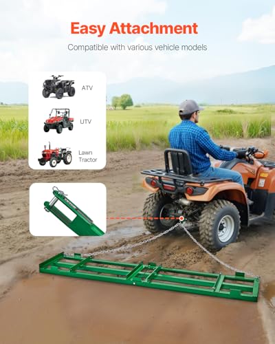 VEVOR Drag Harrow, 8 ft Heavy Duty Tow Behind Drag Harrow with Adjustable Bars & 72 in Chain, Driveway Grader Landscape Rake for ATV, UTV, Tractor, Mower Tow Behind Yard Lawn Leveling Tool - size: 8 FT- Green