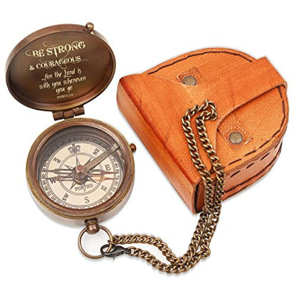 Be Strong and Courageous Engraved Brass Religious direction Compass Gift Joshua 1:9 with Leather Pouch for Gift Confirmation Baptism, Christian