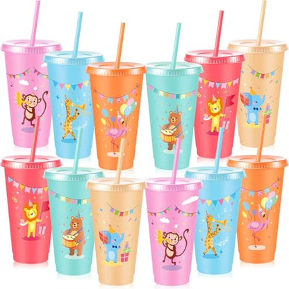 Chuangdi 12 Pcs Animal Parade Themed Party Supplies, 24 oz Cups with Lid and Straw, Reusable Jungle Safari Animals Tumbler for Animal Parade Themed Birthday Decorations, Zoo Baby Shower Favors - style: Animal Parade Party
