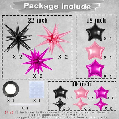 21 Pcs Star Balloons,22/18/10 Inch Star Foil Mylar Balloon - color: Black Pink Hot Pink