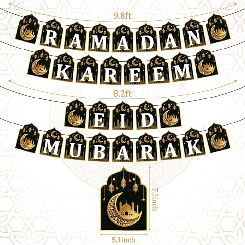 WATINC 4pcs Ramadan Kareem Banner Eid Mubarak Decoration, Ramadan Hanging Banners Decor, No DIY Needed Eid Mubarak Al-Fitr Iftar Party Favor Hang Bunting Supplies for Home Tree Fireplace Wall 10 Feet