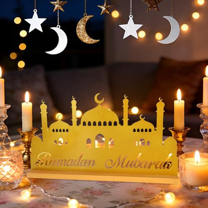 Ramadan Decorations for Home Eid Metal Table Sign Ramadan Mubarak Centerpiece for Tables Muslim Golden Palace Tabletop for Islamic Mosque Party Gift Tiered Tray Office Desk Shelf Indoor Hollow Letters
