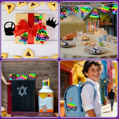 FEBSNOW 48 PCS Purim Crafts for Kids Rainbow Magic Scratch Art Paper Cards for Purim Party Favors Hanging Ornaments Classroom Activities Project DIY Crafts Gift - style: Purim