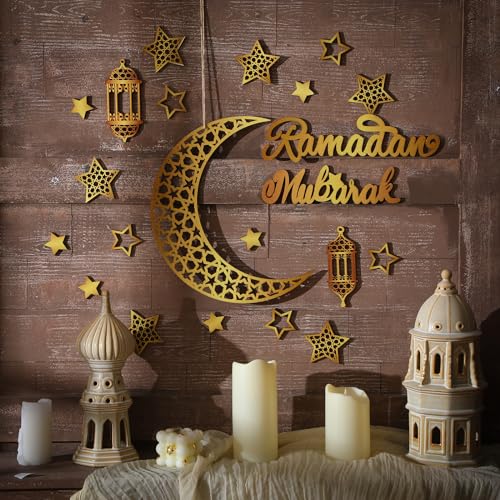 Geelin 23 Pcs Ramadan Decorations for Home 2026 Eid Ramadan Kareem Mubarak Wall Decor Islamic Wooden Gold Moon Star Lantern Wall Art Sign for Living Room Bedroom Muslim Arabic Party Supplies(Mubarak) - style: Mubarak