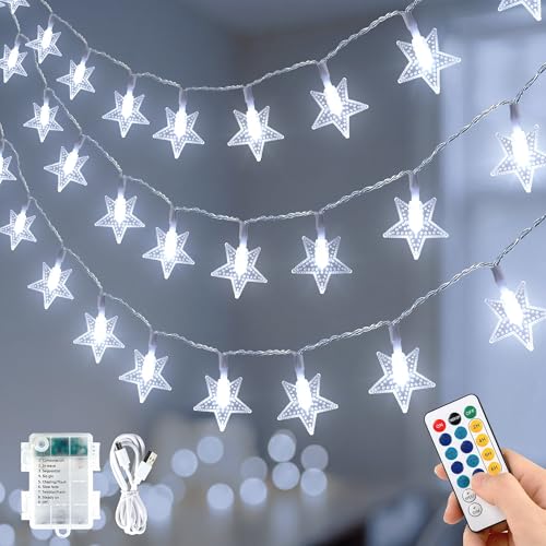 HEYFUNi White Star String Lights with Remote, 16FT USB/Battery Powered | 50LED Twinkle Lights with Remote, 2/4/6/8h Timer, 8 Modes, 4 Brightness & Speed, Fairy Lights for Bedroom, Dorm,Nursery Decor - color: White, size: 50 LED-Battery&USB