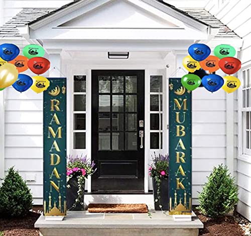 Eid Mubarak Sign Ramadan Kareem Banner Hanging Decor and Multi-Color Ramadan Kareem Balloons for Indoor Outdoor Decoration Islamic Muslim Party Supplies 72"x12" with 14pcs/set - color: RM+BLN