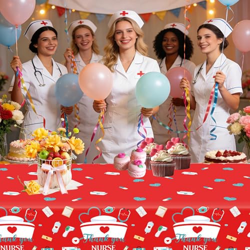 3 Pack Nurses Graduation Tablecloth,Thank You Nurses Disposable Plastic Table Cloth Plastic Table Covers for Nurses Week Gifts Bulk 2026 RN Nursing Graduation Party Supplies, 54 x 108 Inch - color: Red White
