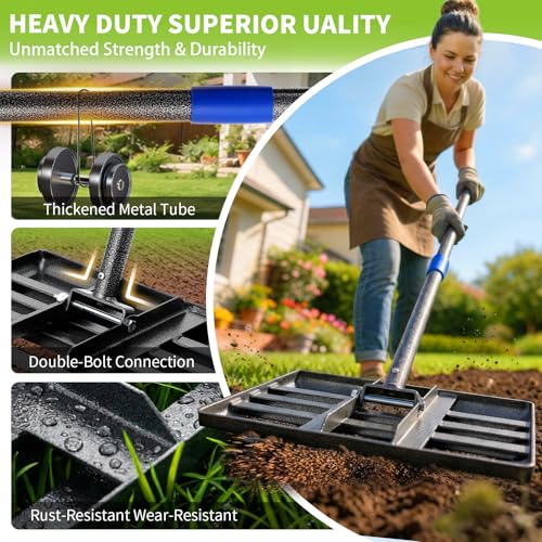 Lawn Leveling Rake, Heavy Duty Lawn Leveler with 17" x 10" Rakes Head Plate No Flipping, Smooth Garss Topsoil Dirt Sand, Metal Ground Leveling Tool with 5 ft Long Handle for Yard Garden Golf Course - size: 17"x10" , 5 ft