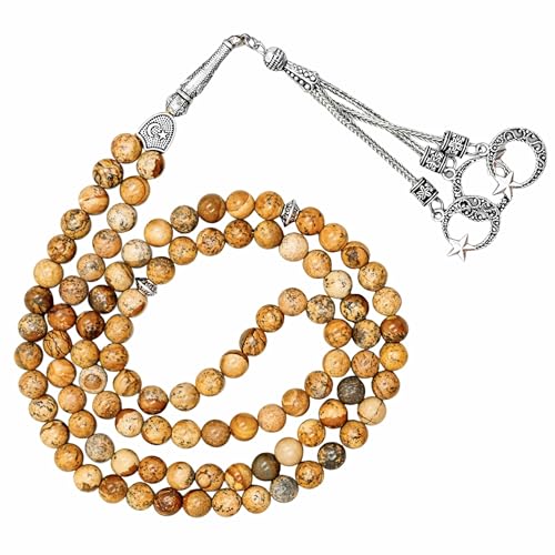 Amazing Gemstone Picture Jasper Tasbeeh with Moon and Star Charm - Certified Crystal Muslim Prayer Beads Natural Gemstone Tasbih Gift for Ramadan Dhikr and Daily Namaz (S) - color: Picture Jasper
