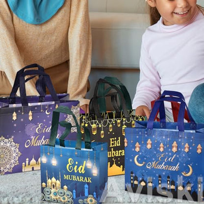 Aviski 4PCS Eid Mubarak Reusable Gift Bags, Treat Bags with Handles, Eid Mubarak Party Bags, Multifunctional Non-Woven Eid Bags for Gifts Wrapping, Party Supplies