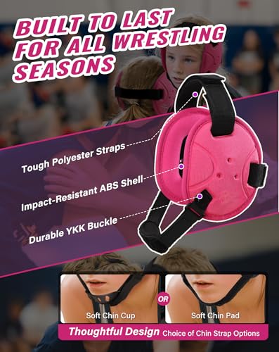 Trymaker Wrestling Headgear, Head Gear for Youth with Chin Cup & Pad, Dual Ear Guard for MMA, BJJ (Head Under 21", Ages 4–9) - color: Pink Headgear & Black Strap