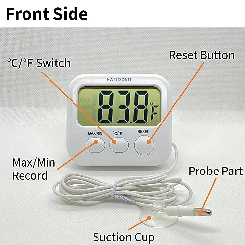 HATUSOKU Digital Thermometer with External Sensor, Magnet, Suction Cup, Water Thermometer, Aquarium, Refrigerator, Freezer (White) - color: White