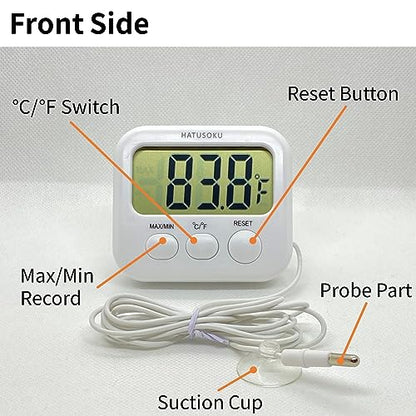 HATUSOKU Digital Thermometer with External Sensor, Magnet, Suction Cup, Water Thermometer, Aquarium, Refrigerator, Freezer (White) - color: White
