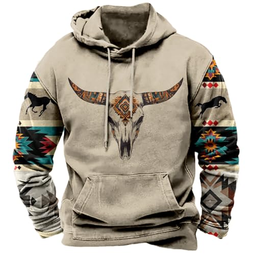 MARSVOVO Hoodies For Men Aztec Cowboy Western Vintage Ethnic Print Hooded Sweatshirt Fashion Graphic Fall Pullover - color: A Beige, size: Large