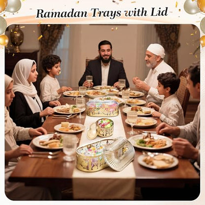 4 Pcs Ramadan Trays with Lid Gold Eid Mubarak Tray Plates Ramadan Moon Candy Dish Table Decorations Food Serving Tray Islam Muslim Al-fitr Cookie Storage Container for Eid Party Supplies