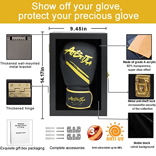 Boxing Glove Display Case Wall Mount Lockable Full Size pro UV Protected Clear Acrylic Holder Box for Baseball Boxing Signed Glove (Black - Single Glove) - color: Black - Single Glove