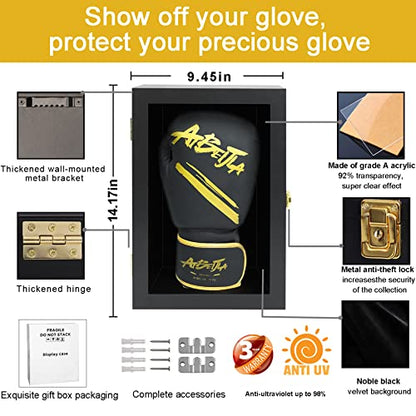 Boxing Glove Display Case Wall Mount Lockable Full Size pro UV Protected Clear Acrylic Holder Box for Baseball Boxing Signed Glove (Black - Single Glove) - color: Black - Single Glove