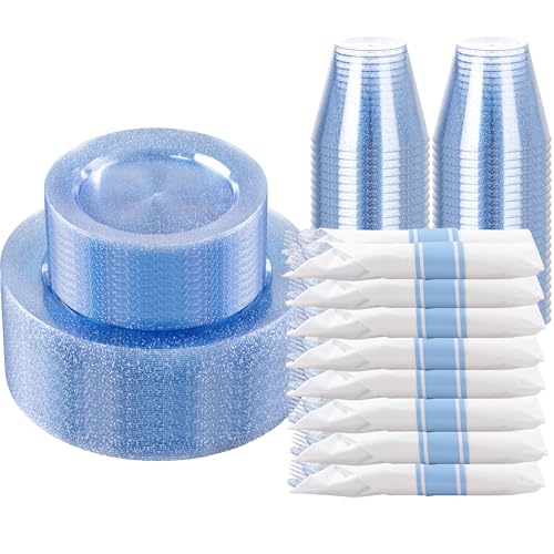 DaYammi 210PCS Blue Glitter Plastic Dinnerware Set for 30 Guests - color: Blue Glitter, size: 210PCS（30 Guests）