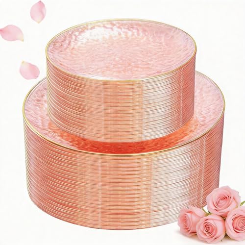 SUT 100Pcs Pink Plastic Plates, Hammered Plates Disposable Heavy Duty, Pink Disposable Plates With Gold Rim, Fancy Plastic plates Include 50 Dinner and 50 Dessert plates for Valentine's Day - color: Pink, size: 100PCS