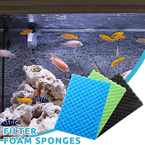 9 Pcs Fish Pond Foam Aquarium Filter Sponge Wave Shape Coarse Foam for Fish Tank Sump Pond 17 x 11 Inch x 1/2 to 1 Inch, Black, Green, Blue