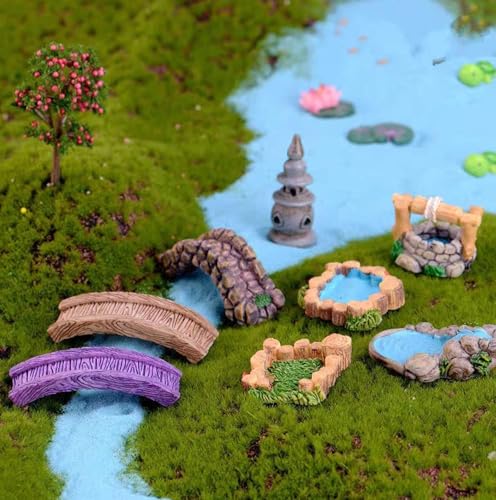 Mini Fairy Garden Accessories Kit, Micro Landscape Decoration Pond Bridge Ornaments, Miniature Figurines for Potted Plant Bonsai Terrarium Decor Mountain Water(ZS204)