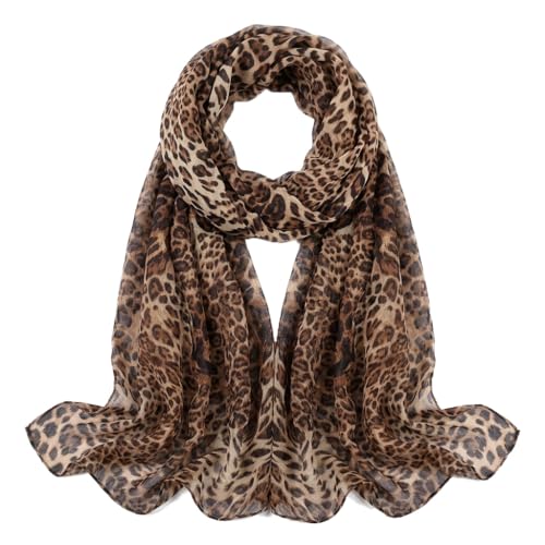 Leopard Print Long Scarf for Women – Lightweight Chiffon Cheetah Shawl Neck Scarf Soft Animal Print Scarves Headscarf Wrap for Spring Summer Beach Travel