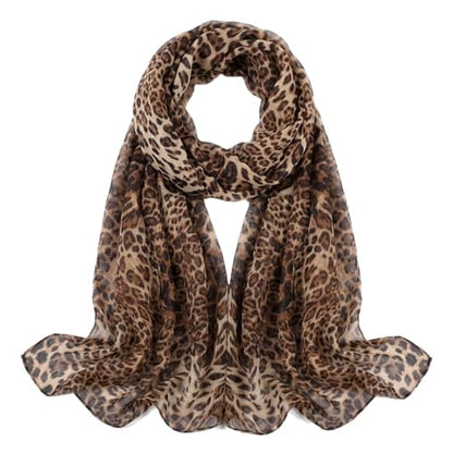Leopard Print Long Scarf for Women – Lightweight Chiffon Cheetah Shawl Neck Scarf Soft Animal Print Scarves Headscarf Wrap for Spring Summer Beach Travel